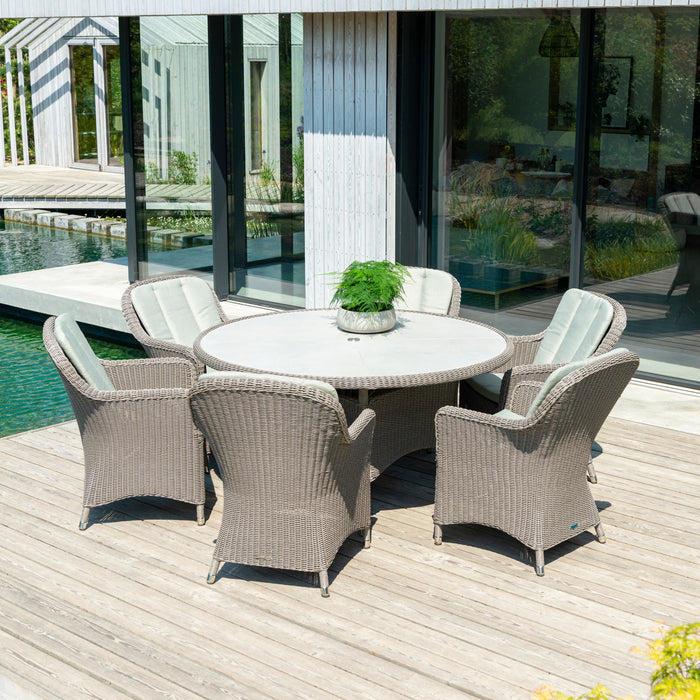 Alexander Rose Hazelmere Natural Weave 6 Seater Round Dining Set with Pistachio Cushions