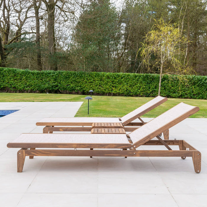Alexander Rose Set of Bolney Dark Acacia Adjustable Sling Sunbeds and Tables