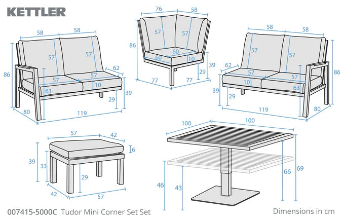Kettler Tudor Mini Corner Set with 2 Footstools and Square High/Low Table