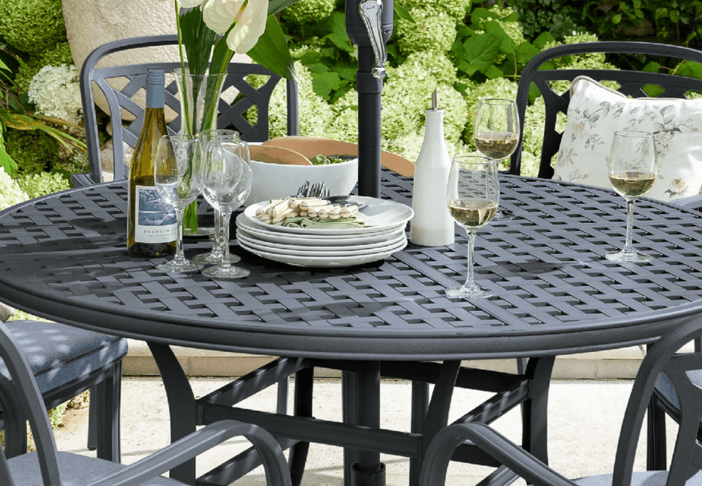 Hartman Berkeley 6 Seat Round Dining Set in Antique Grey / Platinum with base & parasol