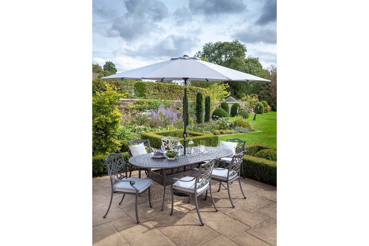 Hartman Capri Oval 6 Seat Dining Set in Antique Grey with Parasol & Base