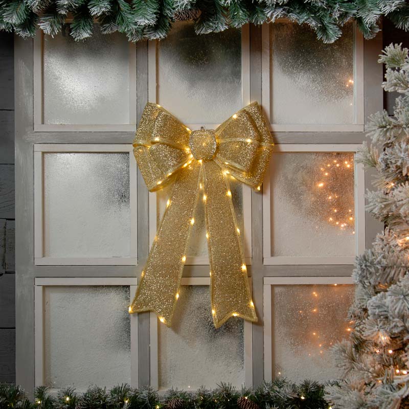 Festive Lit Bow Decoration 40 x 60 cm (available in red or gold)