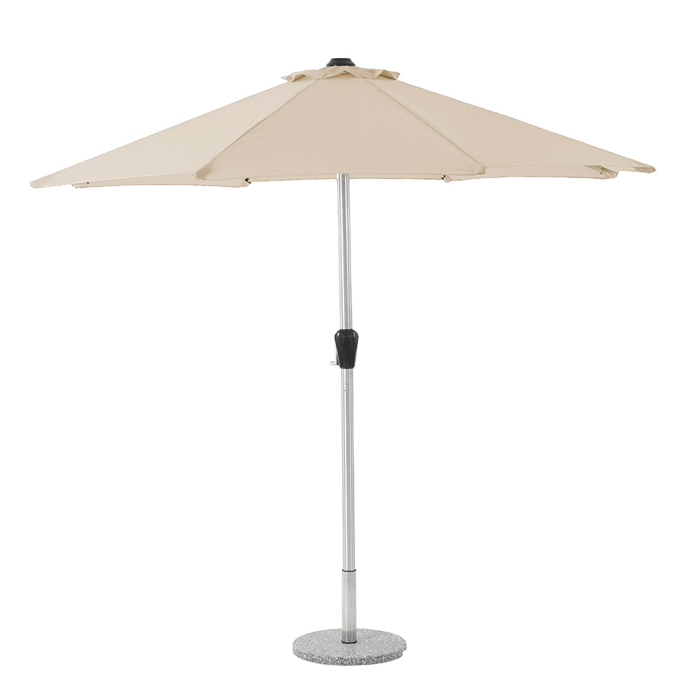 Bramblecrest Chedworth 4 Seat Garden Dining Set in Sandstone with Round Table, Parasol & Base