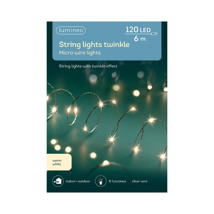 Micro LED String Lights 8 Function Twinkle Effect  Silver, Warm White 120 Lights
