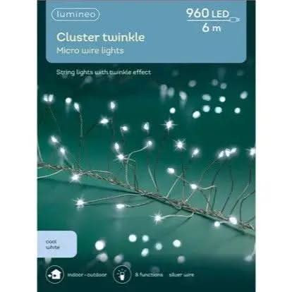 Micro Cluster Lights 8 Function Twinkle Effect  Silver, Cool White 960 Lights