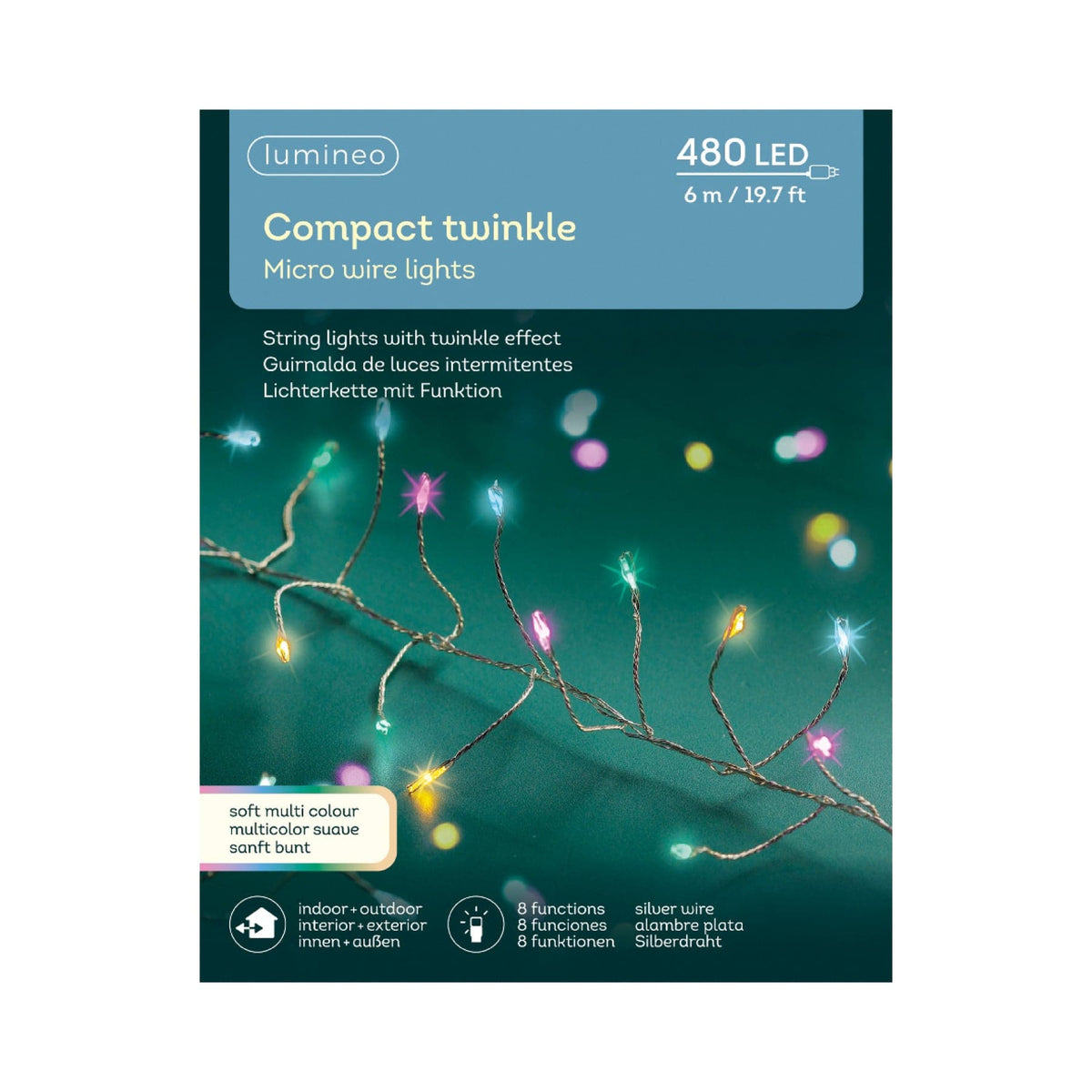 Micro Compact Lights 8 Function Twinkle Effect  Silver, Soft Multi 480 Lights