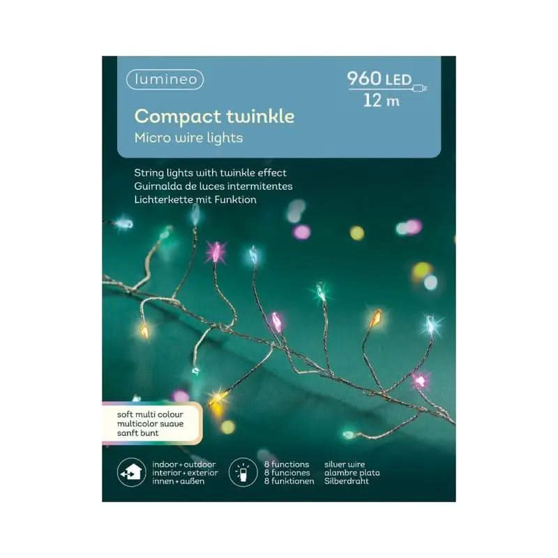 Micro Compact Lights 8 Function Twinkle Effect  Silver, Soft Multi 960 Lights