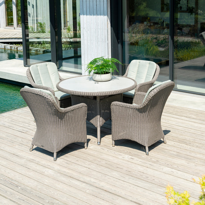 Alexander Rose Hazelmere Grey Weave 4 Seater Round Dining Set with Pistachio Cushions