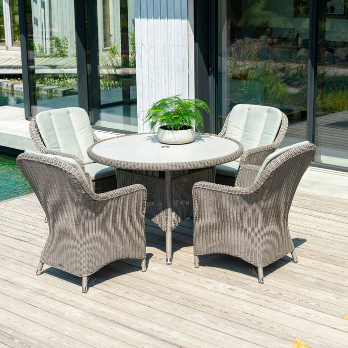 Alexander Rose Hazelmere Grey Weave 4 Seater Round Dining Set with Pistachio Cushions
