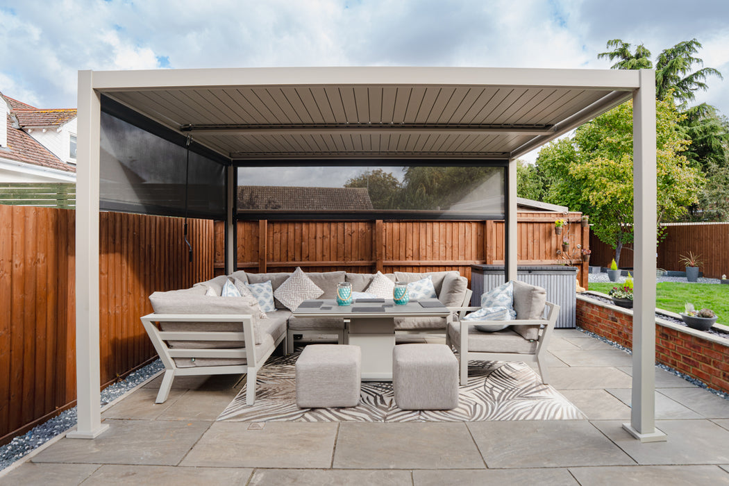 Norfolk Leisure Royce Cube Beige 4m x 3m Aluminium Pergola with Solar LED