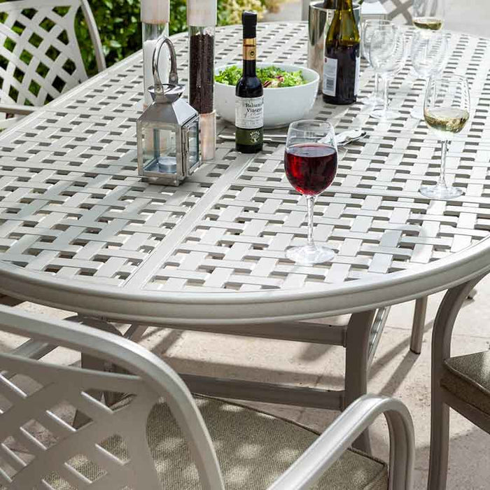 Berkeley 6 Seat Oval Outdoor Dining Set in Maize with Parasol & Base by Hartman