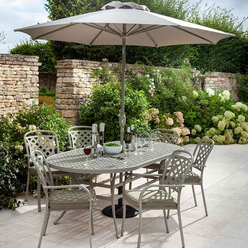 Berkeley 6 Seat Oval Outdoor Dining Set in Maize with Parasol & Base by Hartman