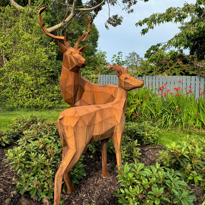 Geometric Corten Steel Deer Pair - Modern Garden Sculpture | Contemporary Metal Art