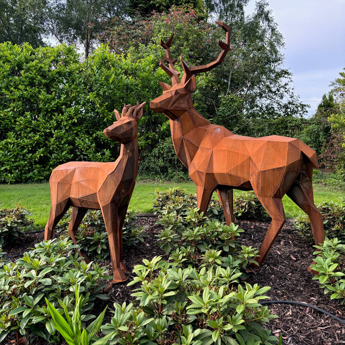Geometric Corten Steel Deer Pair - Modern Garden Sculpture | Contemporary Metal Art