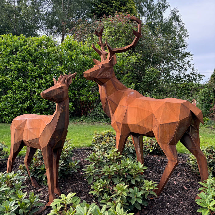 Geometric Corten Steel Deer Pair - Modern Garden Sculpture | Contemporary Metal Art