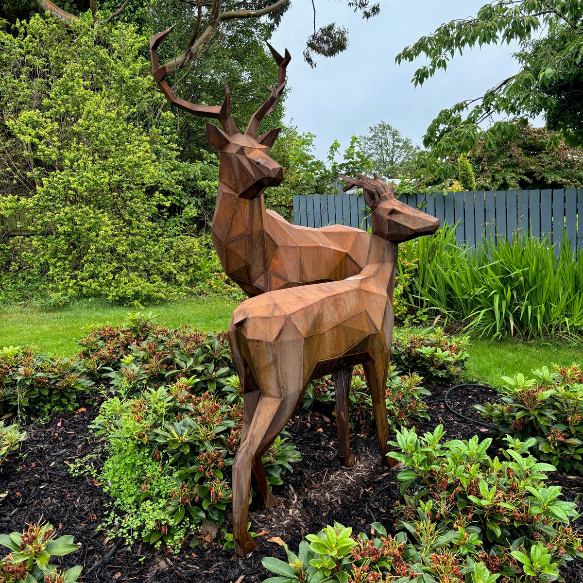 Geometric Corten Steel Deer Pair - Modern Garden Sculpture | Contemporary Metal Art