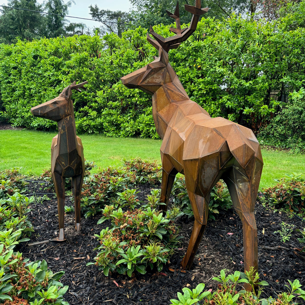 Geometric Corten Steel Deer Pair - Modern Garden Sculpture | Contemporary Metal Art