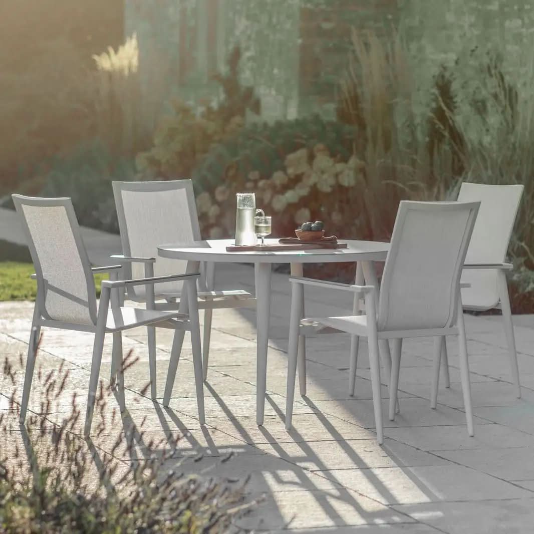 Bramblecrest Sofia Round Table with 4 Armchairs, Parasol & Base Set - Grey