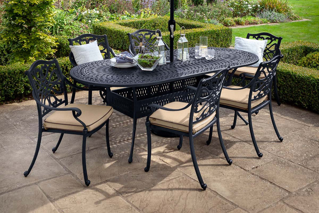 Hartman Capri 6 Seater Oval Dining Set in Bronze with Parasol & Base