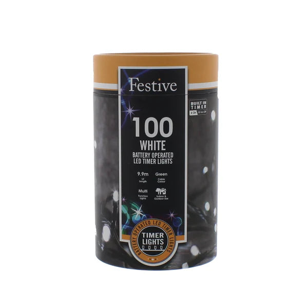 Festive 100 battery operated LED timer lights (3 colour variants)