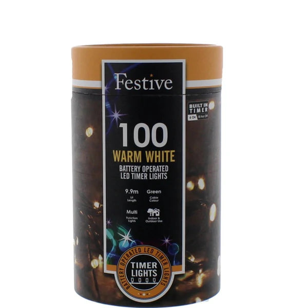Festive 100 battery operated LED timer lights (3 colour variants)