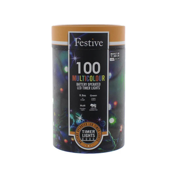 Festive 100 battery operated LED timer lights (3 colour variants)
