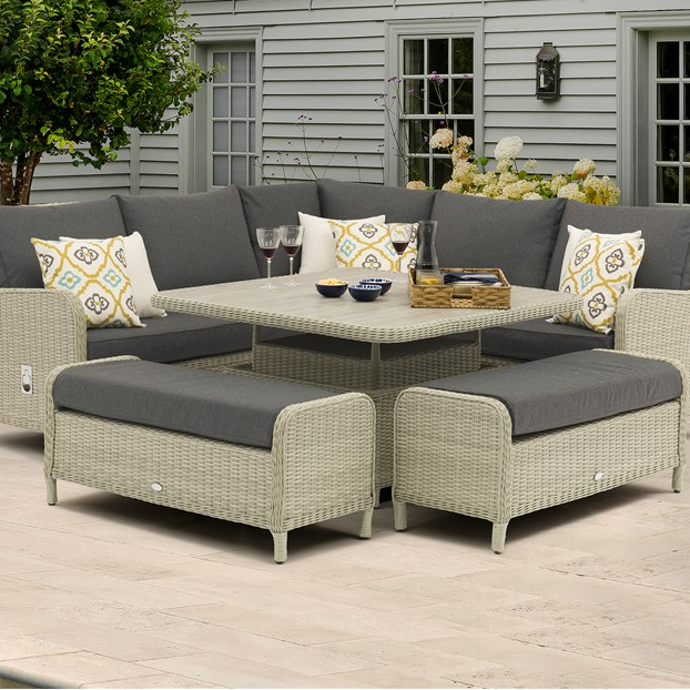 Bramblecrest Chedworth Dove Grey Rattan Reclining Corner Sofa with Square Dual Height Table & 2 Benches