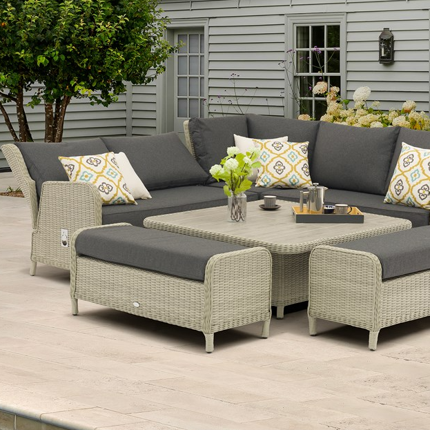 Bramblecrest Chedworth Dove Grey Rattan Reclining Corner Sofa with Square Dual Height Table & 2 Benches
