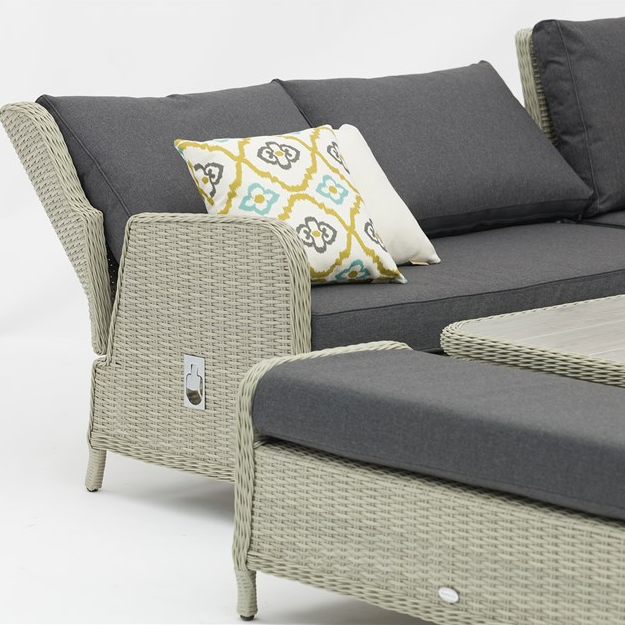 Bramblecrest Chedworth Dove Grey Rattan Reclining Corner Sofa with Square Dual Height Table & 2 Benches