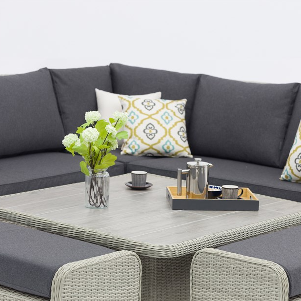 Bramblecrest Chedworth Dove Grey Rattan Reclining Corner Sofa with Square Dual Height Table & 2 Benches