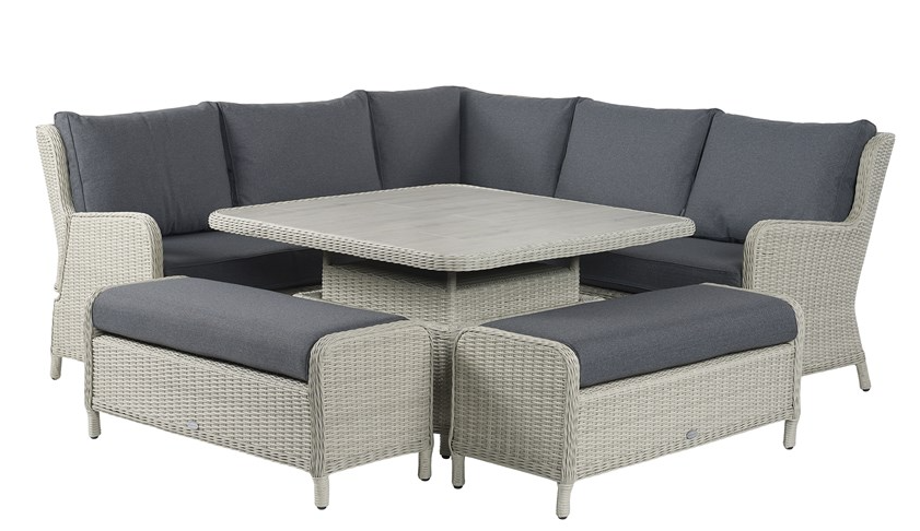 Bramblecrest Chedworth Dove Grey Rattan Reclining Corner Sofa with Square Dual Height Table & 2 Benches