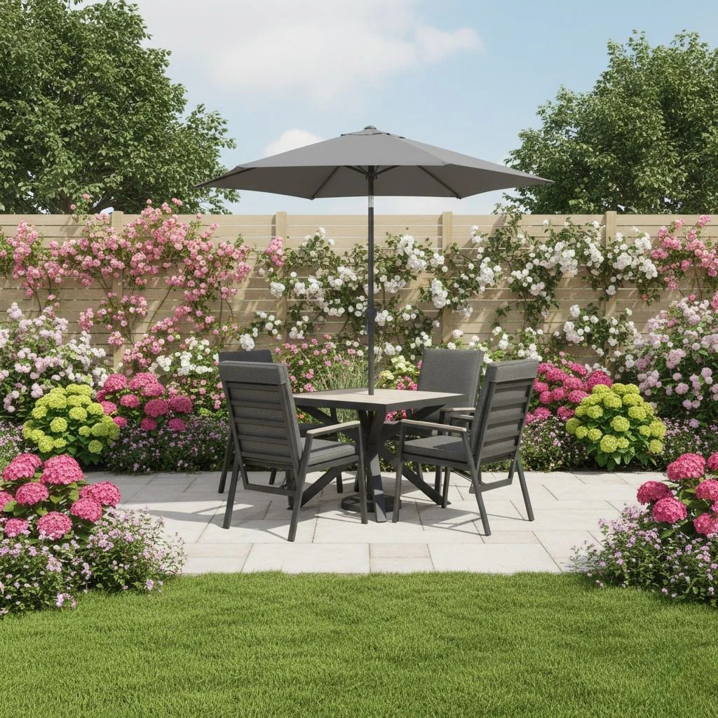 Tudor 4 Seat Reclining Dining Set With Parasol & Base