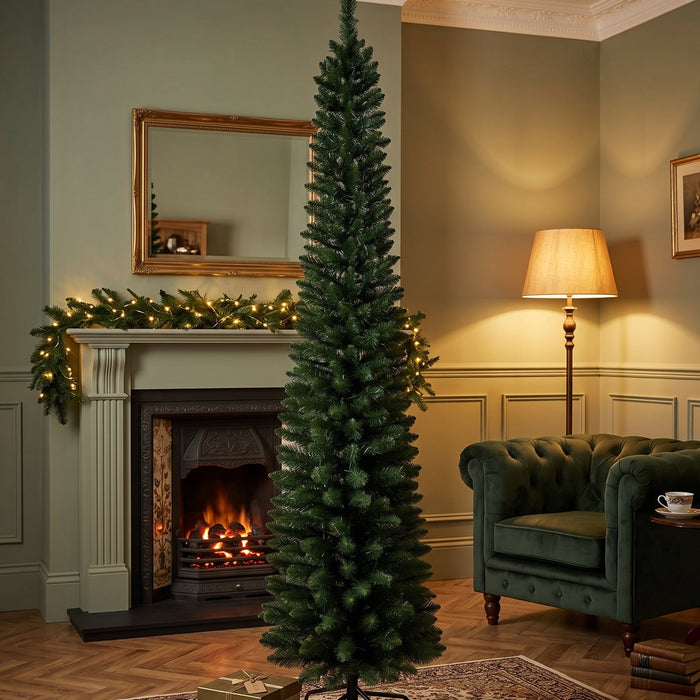 WOODLAND PENCIL SLIM SPRUCE - 7ft Tree with 180 Warm White LED 5mm bulbs and NEW 8 Function