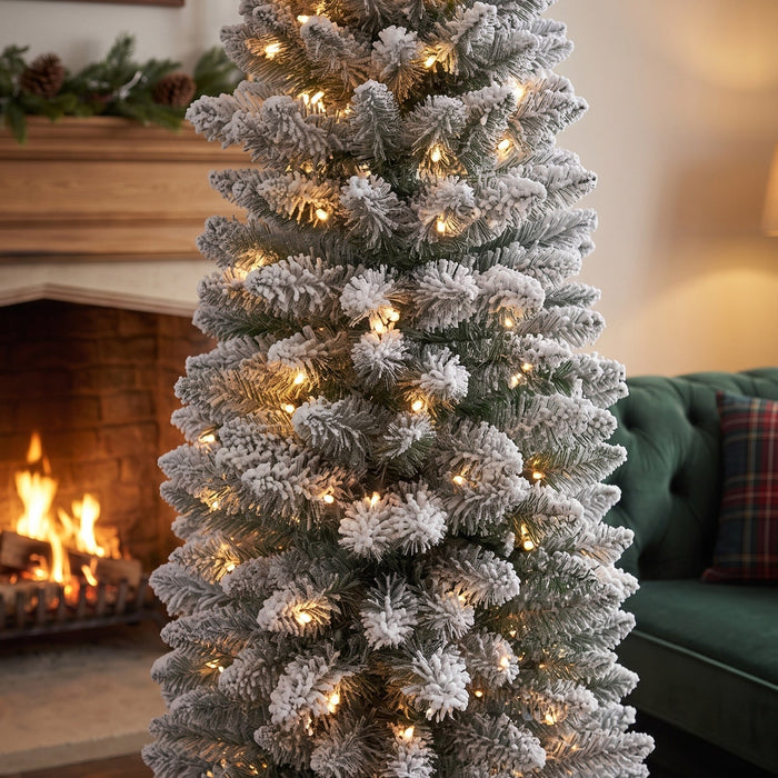 BOSK Frosted Woodland Pencil Slim Spruce – 7ft Pre-Lit Tree