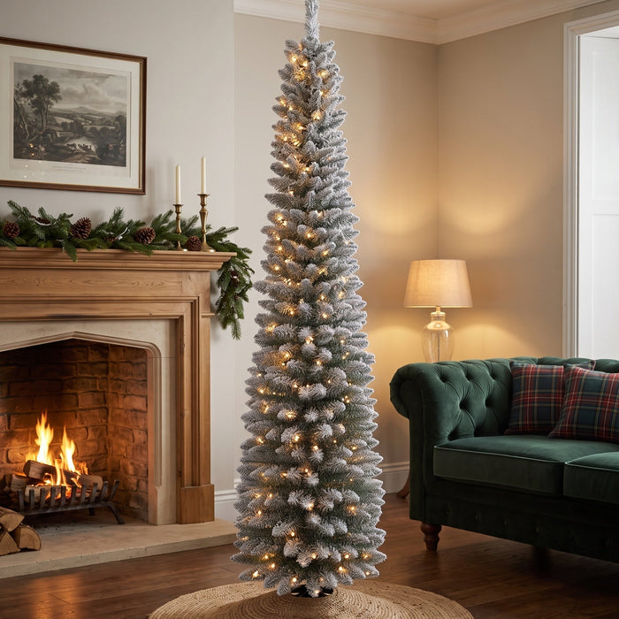 BOSK Frosted Woodland Pencil Slim Spruce – 7ft Pre-Lit Tree