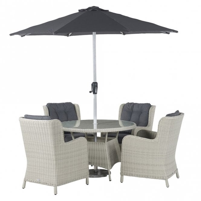 Bramblecrest - Chedworth Rattan 4 Seat Round Dining Set in Dove Grey with Parasol & Base (ex-display)