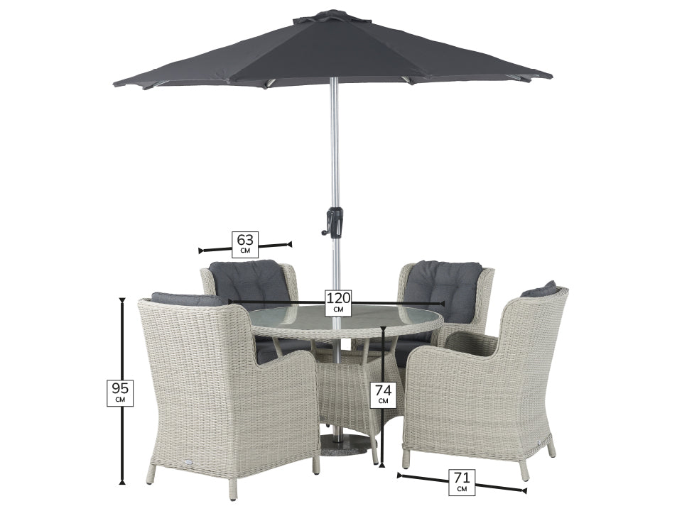 Bramblecrest - Chedworth Rattan 4 Seat Round Dining Set in Dove Grey with Parasol & Base (ex-display)