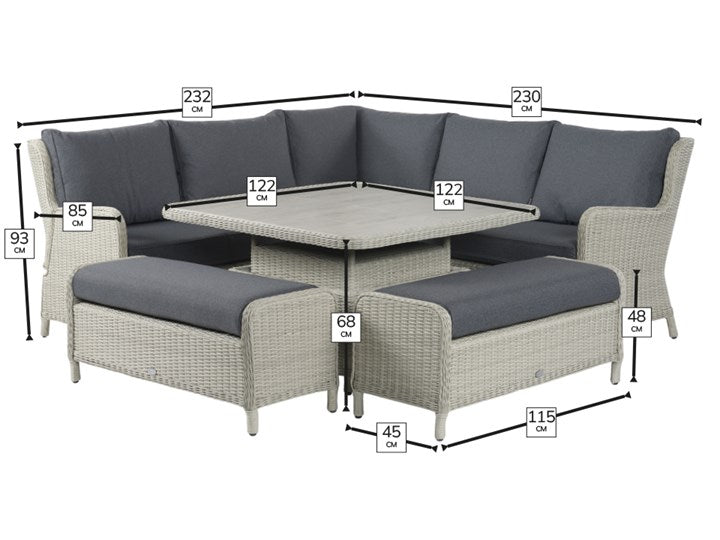 Bramblecrest Chedworth Dove Grey Rattan Reclining Corner Sofa with Square Dual Height Table & 2 Benches