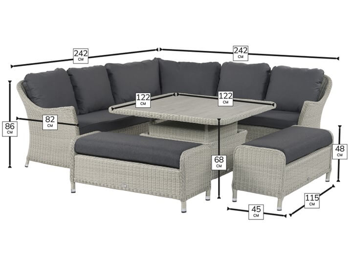 Bramblecrest Monterey Dove Rattan Curved Corner Sofa with Square Firepit table Table & 2 Benches (Ex-Display)
