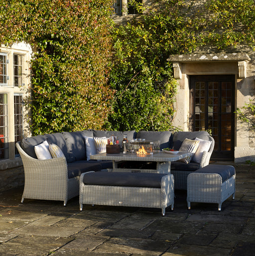 Bramblecrest Monterey Dove Rattan Curved Corner Sofa with Square Firepit table Table & 2 Benches
