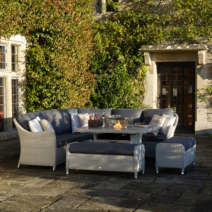 Bramblecrest Monterey Dove Rattan Curved Corner Sofa with Square Firepit table Table & 2 Benches