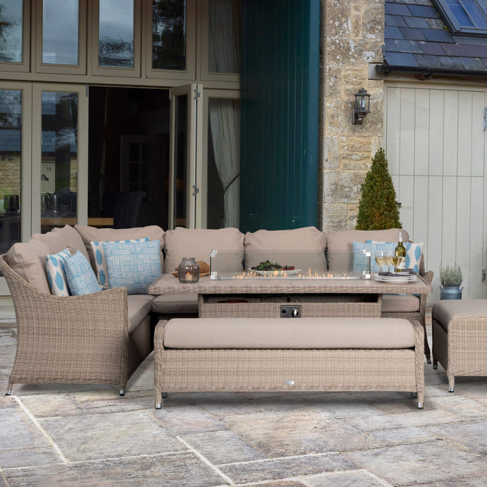 Bramblecrest Monterey Sandstone Rattan L-Shape Sofa with Rectangle Firepit Table & 2 Benches