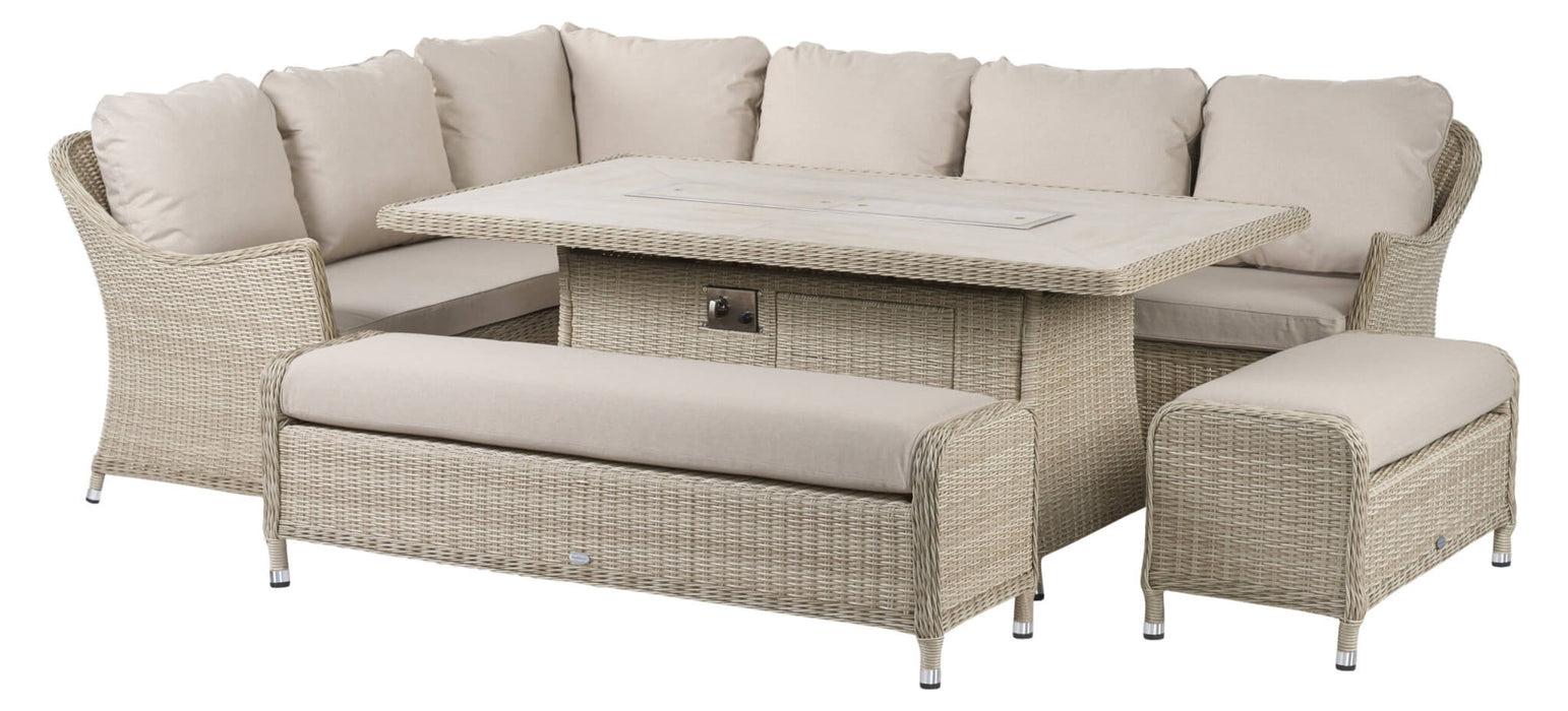 Bramblecrest Monterey Sandstone Rattan L-Shape Sofa with Rectangle Firepit Table & 2 Benches