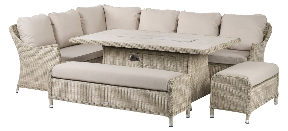 Bramblecrest Monterey Sandstone Rattan L-Shape Sofa with Rectangle Firepit Table & 2 Benches