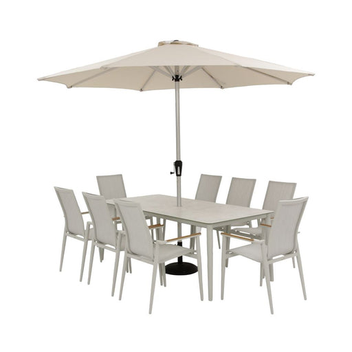 Bramblecrest Sofia Rectangle Table with 8 Armchairs, Parasol & Base Set - Grey