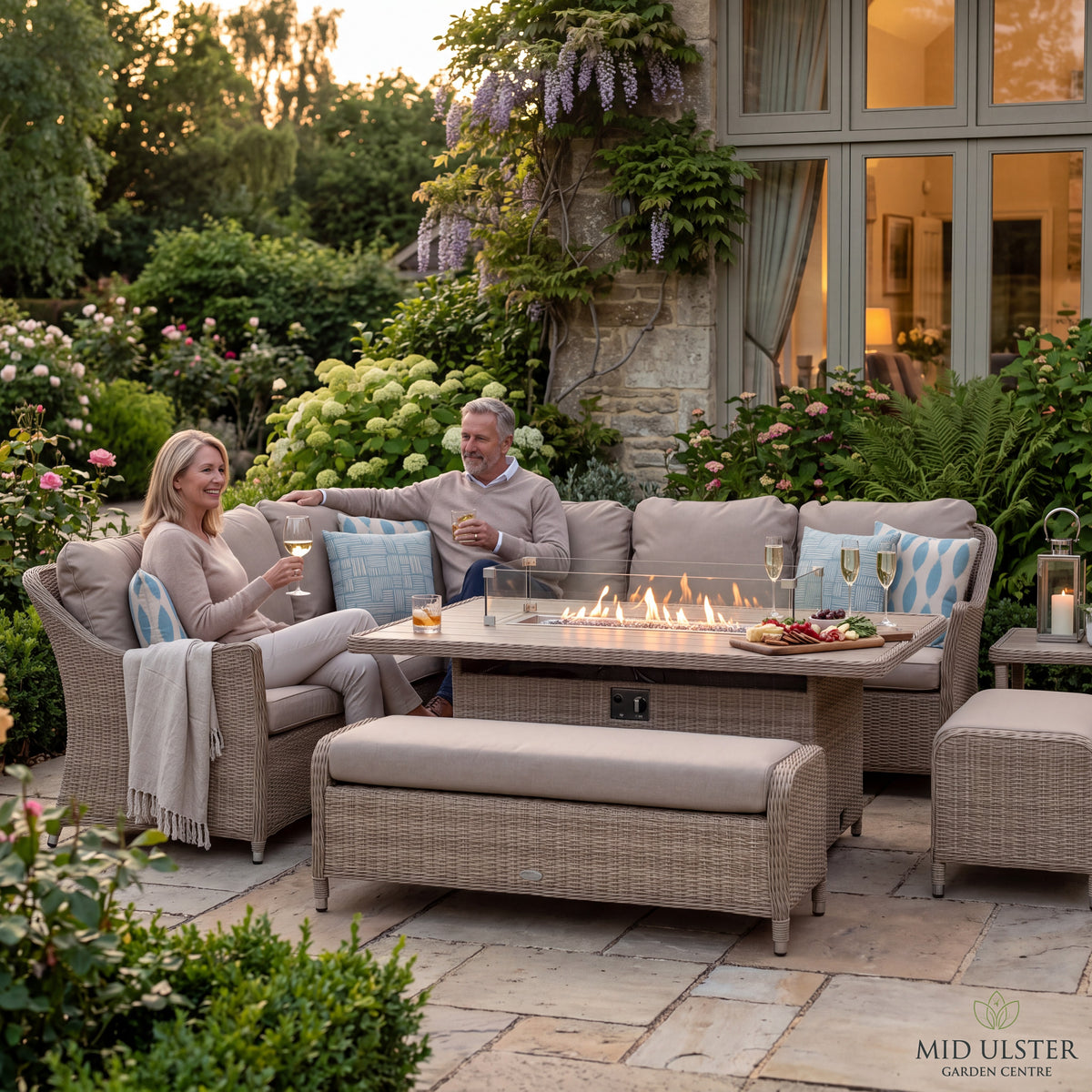 Bramblecrest Monterey Sandstone Rattan L-Shape Sofa with Rectangle Firepit Table & 2 Benches