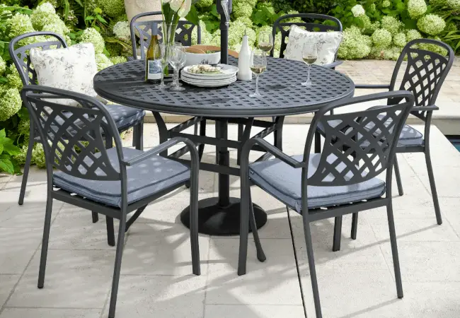 Hartman Berkeley 6 Seat Round Dining Set in Antique Grey / Platinum with base & parasol