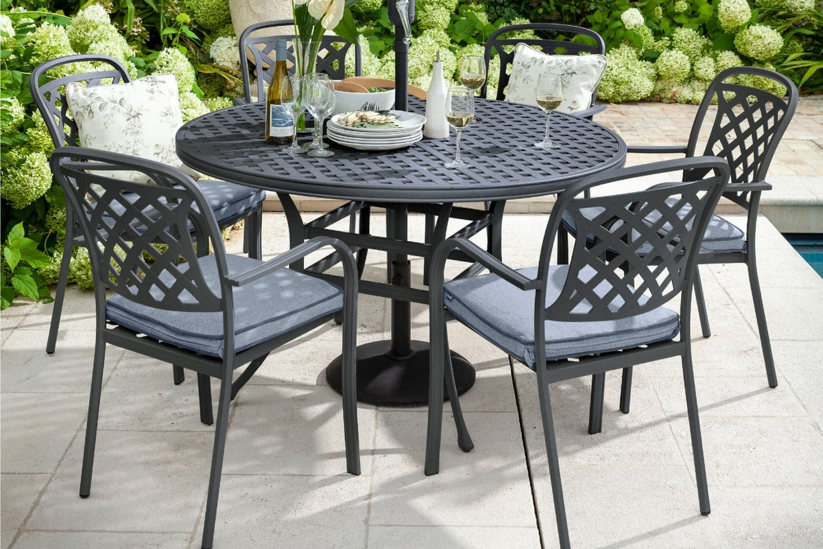 Hartman Berkeley 6 Seat Round Dining Set in Antique Grey / Platinum with base & parasol