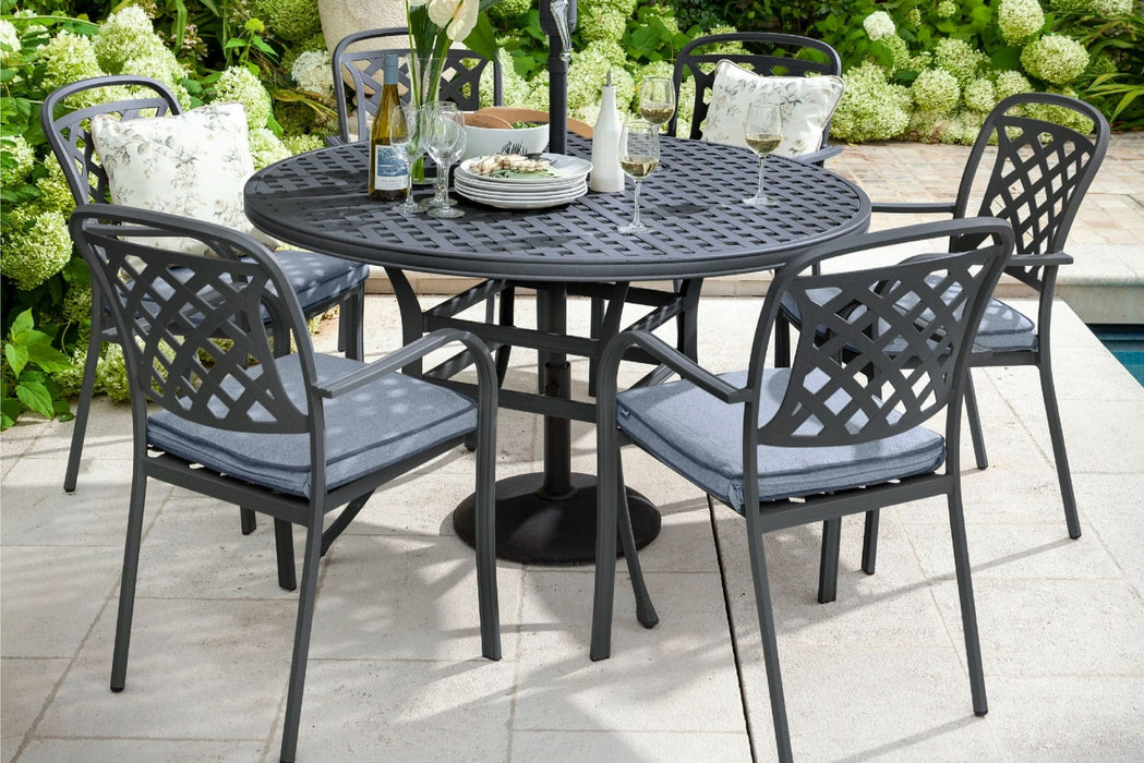 Hartman Berkeley 6 Seat Round Dining Set in Antique Grey / Platinum with base & parasol