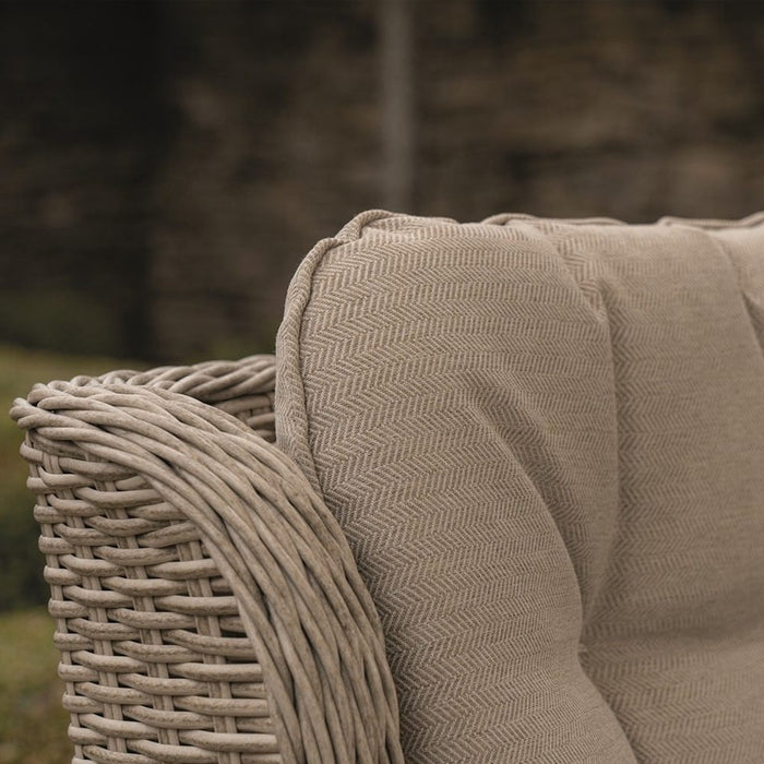 Bramblecrest Chedworth 4 Seat Garden Dining Set in Sandstone with Round Table, Parasol & Base